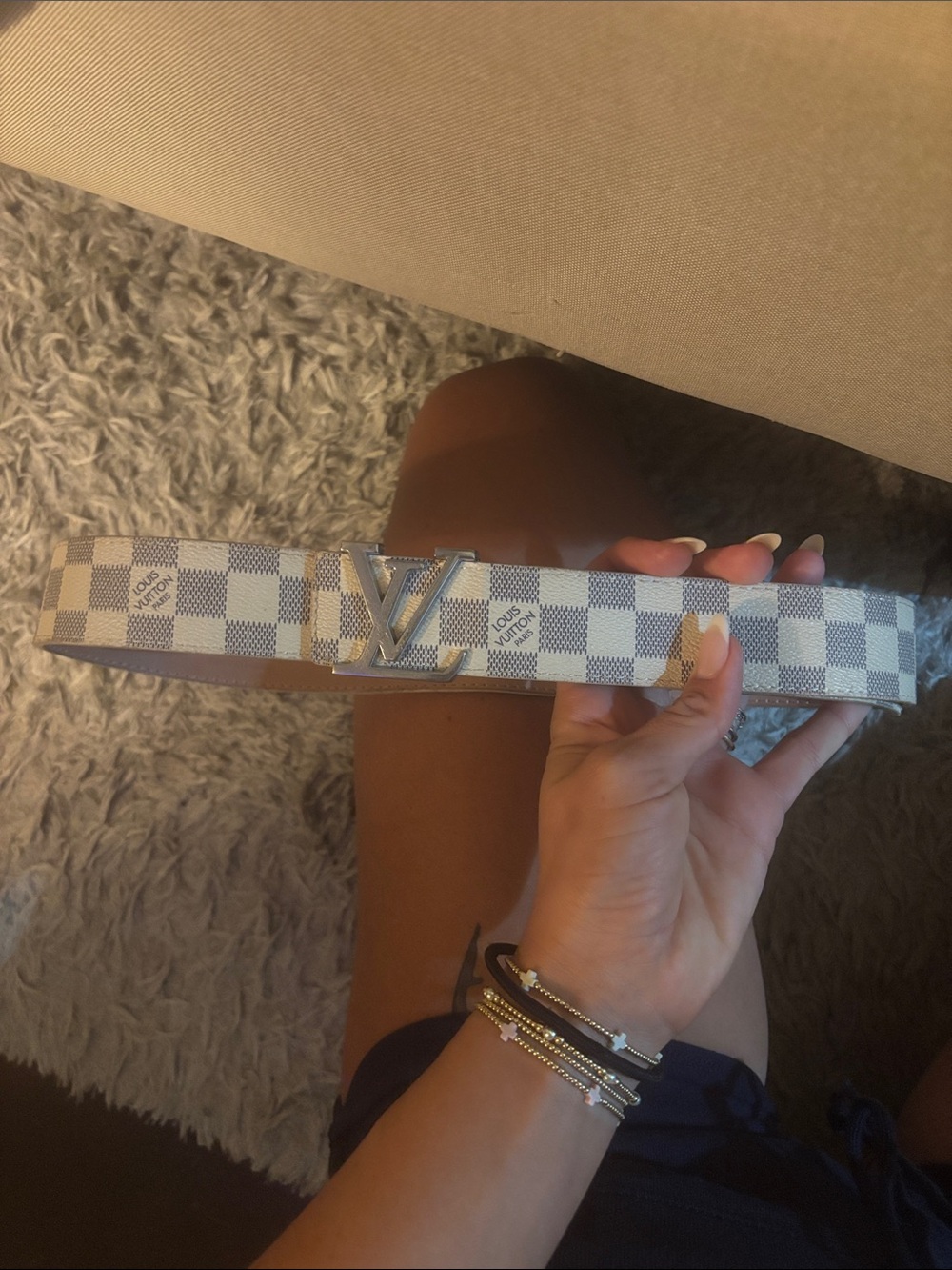 Louis Vuitton Damier Azur Checkered Belt with Silver LV Buckle